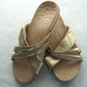 NWOT Vionic Gold Metallic Crisscross Slide Sandals Orthotic Support Womens 9